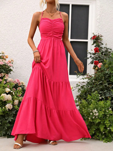 Women'S Pleated Deep V Backless Spaghetti Strap Dress