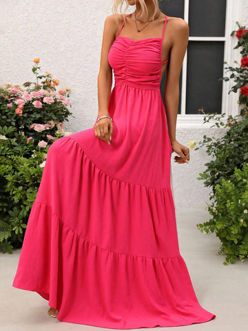 Women'S Pleated Deep V Backless Spaghetti Strap Dress