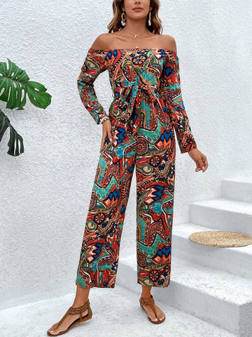Women'S Printed Off Shoulder Strap Belted Jumpsuit
