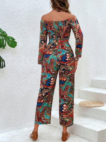 Women'S Printed Off Shoulder Strap Belted Jumpsuit