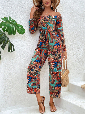 Women'S Printed Off Shoulder Strap Belted Jumpsuit