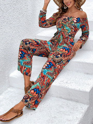 Women'S Printed Off Shoulder Strap Belted Jumpsuit