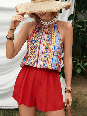 Women'S Printed Sleeveless Top And Solid Color Shorts Set