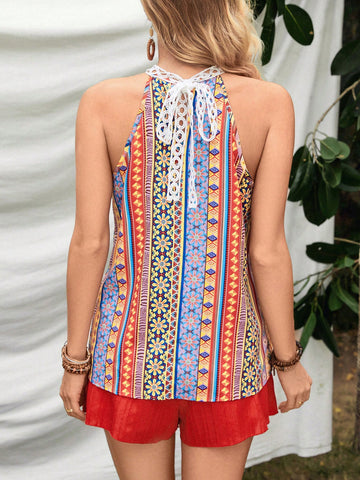 Women'S Printed Sleeveless Top And Solid Color Shorts Set