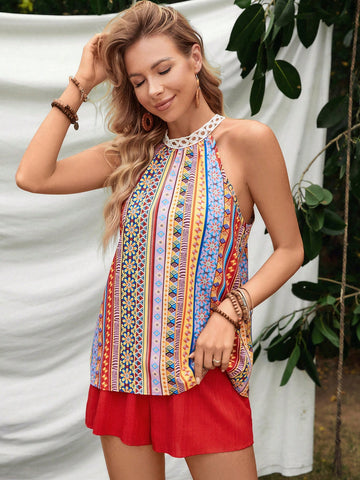 Women'S Printed Sleeveless Top And Solid Color Shorts Set