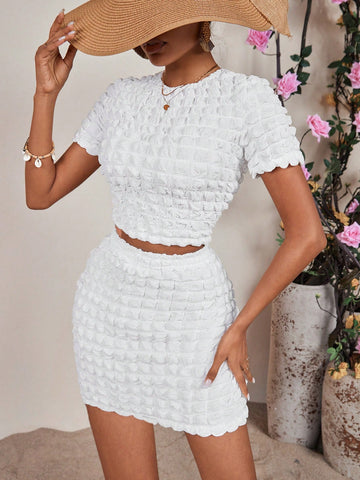 Women'S Round Neck Short Sleeve Cropped Top And Midi Skirt Set