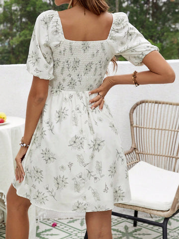 VCAY Women'S Short Puff Sleeve Floral Printed Bubble Hem Dress