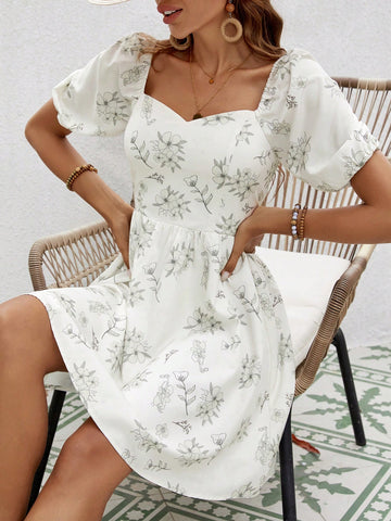 VCAY Women'S Short Puff Sleeve Floral Printed Bubble Hem Dress