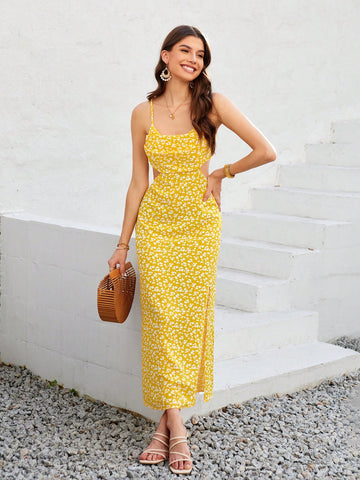 Women'S Sleeveless Backless Spaghetti Strap Mini Sunflower Printed Dress