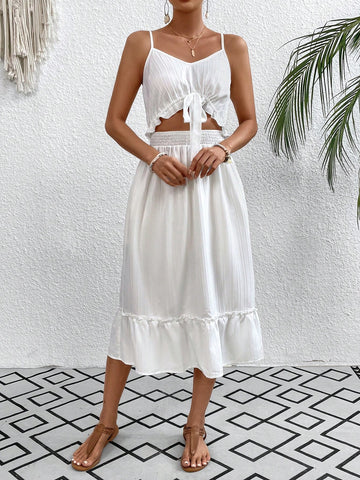 VCAY Women'S Solid Color Hollow Out Lace-Up Cami Dress