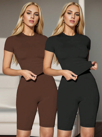 Women'S Solid Color Slim Fit Two-Piece Set
