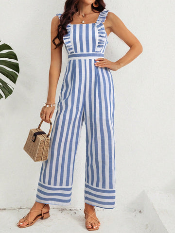 Women'S Stripe Off-The-Shoulder Ruffle Jumpsuit