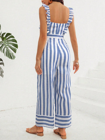 Women'S Stripe Off-The-Shoulder Ruffle Jumpsuit
