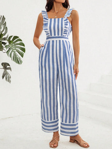 Women'S Stripe Off-The-Shoulder Ruffle Jumpsuit