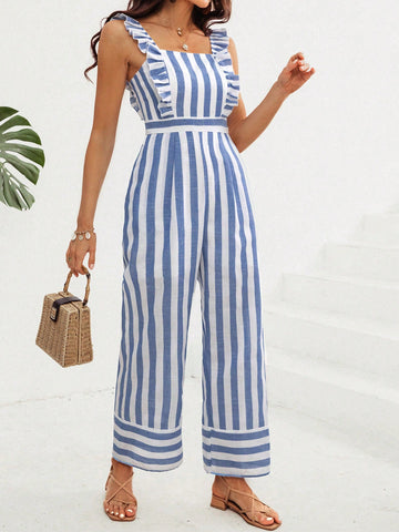 Women'S Stripe Off-The-Shoulder Ruffle Jumpsuit