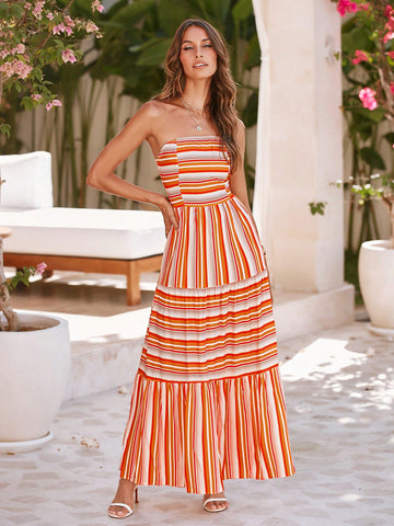 Women'S Striped Strapless Dress With Ruffled Hem