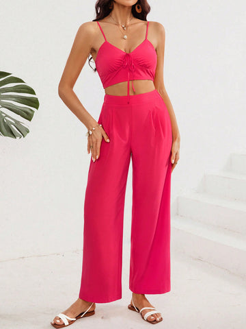 Women'S Two Piece Set Of Lace Up Crop Top Camisole And Pants