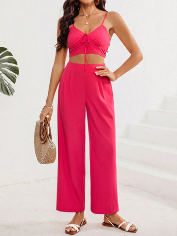 Women'S Two Piece Set Of Lace Up Crop Top Camisole And Pants