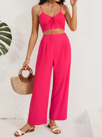 Women'S Two Piece Set Of Lace Up Crop Top Camisole And Pants