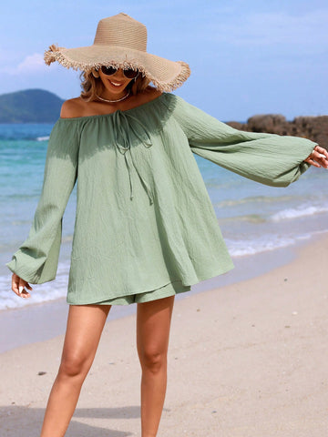 Women'S Vacation Off Shoulder Long Sleeve Top And Shorts Set