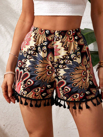 VCAY Women'S Vacation Style Floral Print Shorts With Tassel Hemline