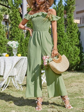 Women'S Vacation Style Off Shoulder Ruffle Trim Jumpsuit Summer Woman Clothes