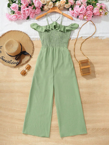 Women'S Vacation Style Off Shoulder Ruffle Trim Jumpsuit Summer Woman Clothes