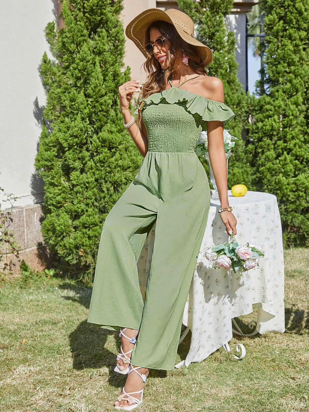 Women'S Vacation Style Off Shoulder Ruffle Trim Jumpsuit Summer Woman Clothes