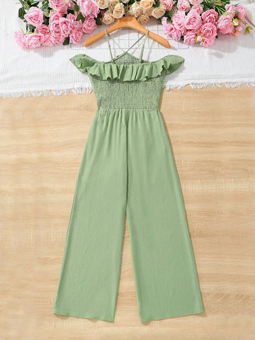 Women'S Vacation Style Off Shoulder Ruffle Trim Jumpsuit Summer Woman Clothes