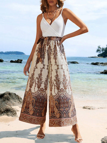 Women'S Vacation Style Plant Printed Spaghetti Strap Jumpsuit