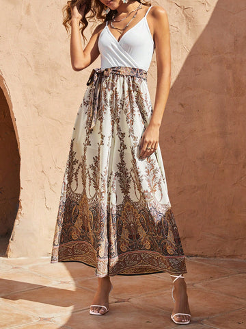 Women'S Vacation Style Plant Printed Spaghetti Strap Jumpsuit