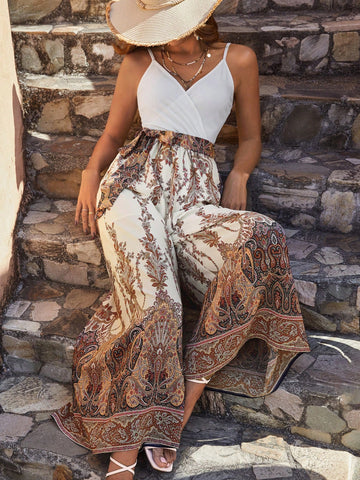 Women'S Vacation Style Plant Printed Spaghetti Strap Jumpsuit