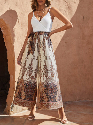 Women'S Vacation Style Plant Printed Spaghetti Strap Jumpsuit