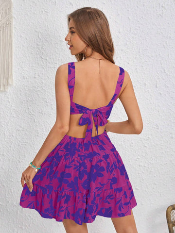 Women All-Over Print Lace-Up Back Casual Beach Dress