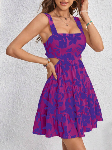 Women All-Over Print Lace-Up Back Casual Beach Dress