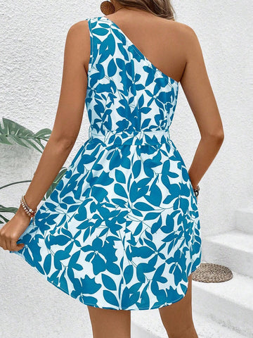 Women Asymmetrical Neck Sleeveless Front Tie Allover Print Casual Mini Dress