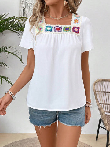 VCAY Women Bubble Sleeve Square Neck Casual Vacation Shirt For Summer