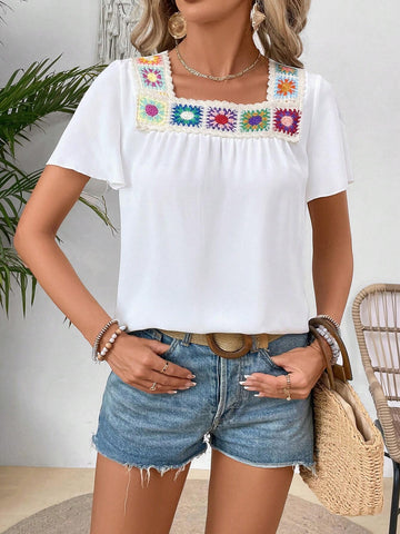 VCAY Women Bubble Sleeve Square Neck Casual Vacation Shirt For Summer