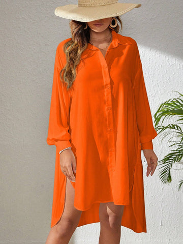 VCAY Women Casual Button Front Loose Blouse, Solid Color, Suitable For Autumn