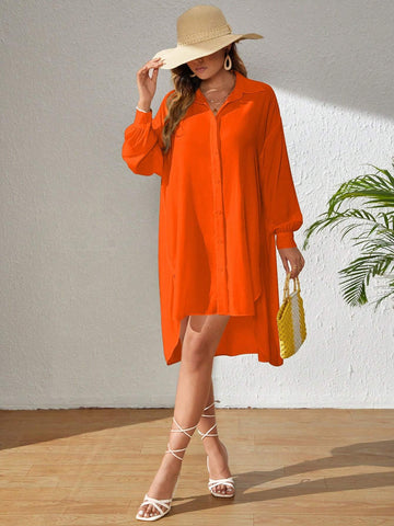 VCAY Women Casual Button Front Loose Blouse, Solid Color, Suitable For Autumn