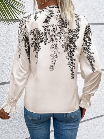 VCAY Women Casual Plant Printed Long Sleeve Notched Collar Shirt, Autumn