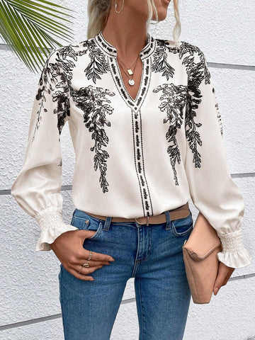 VCAY Women Casual Plant Printed Long Sleeve Notched Collar Shirt, Autumn