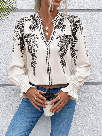 VCAY Women Casual Plant Printed Long Sleeve Notched Collar Shirt, Autumn