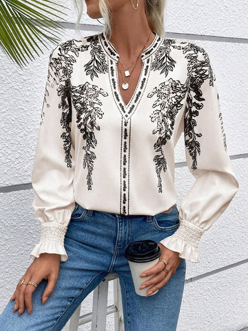 VCAY Women Casual Plant Printed Long Sleeve Notched Collar Shirt, Autumn