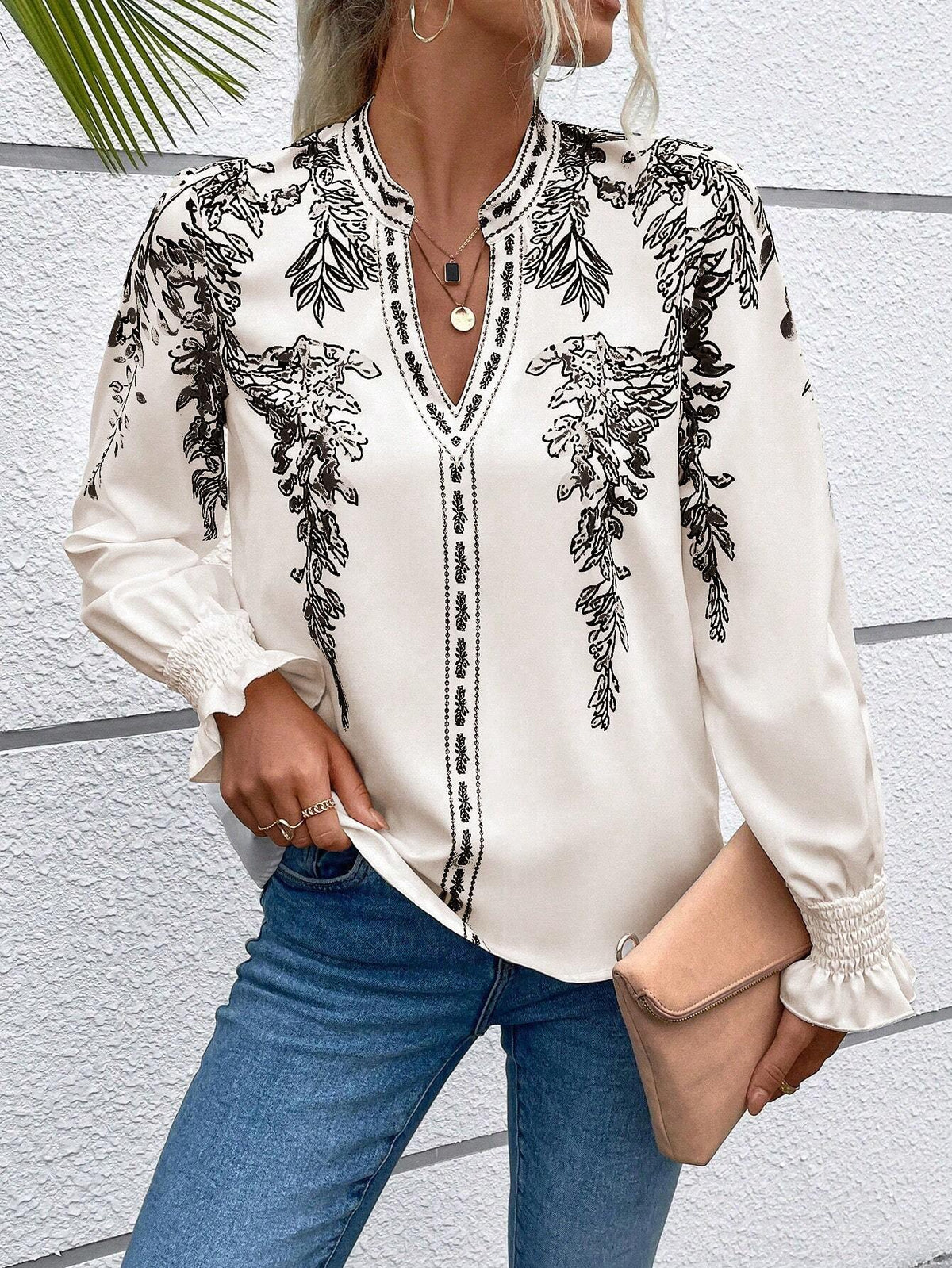 VCAY Women Casual Plant Printed Long Sleeve Notched Collar Shirt, Autumn