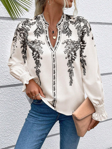 VCAY Women Casual Plant Printed Long Sleeve Notched Collar Shirt, Autumn