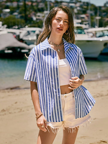 VCAY Women Casual Single-Breasted Striped Woven Shirt, Short Sleeve