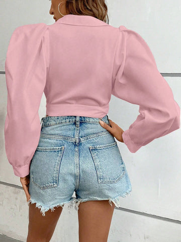 VCAY Women Casual Solid Color Surplice Collar Puff Sleeve Knot Hem Fitted Blouse