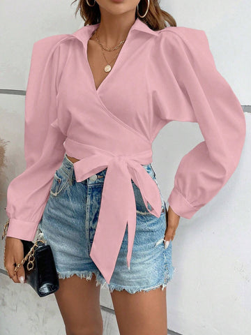 VCAY Women Casual Solid Color Surplice Collar Puff Sleeve Knot Hem Fitted Blouse