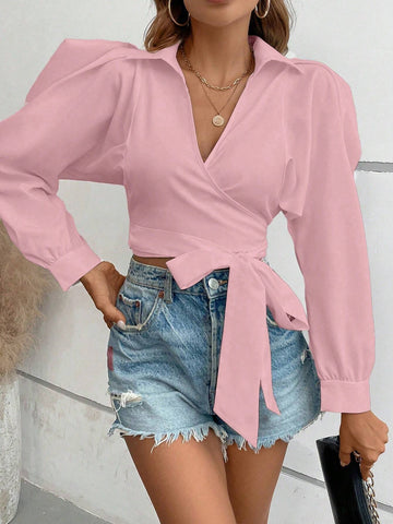 VCAY Women Casual Solid Color Surplice Collar Puff Sleeve Knot Hem Fitted Blouse